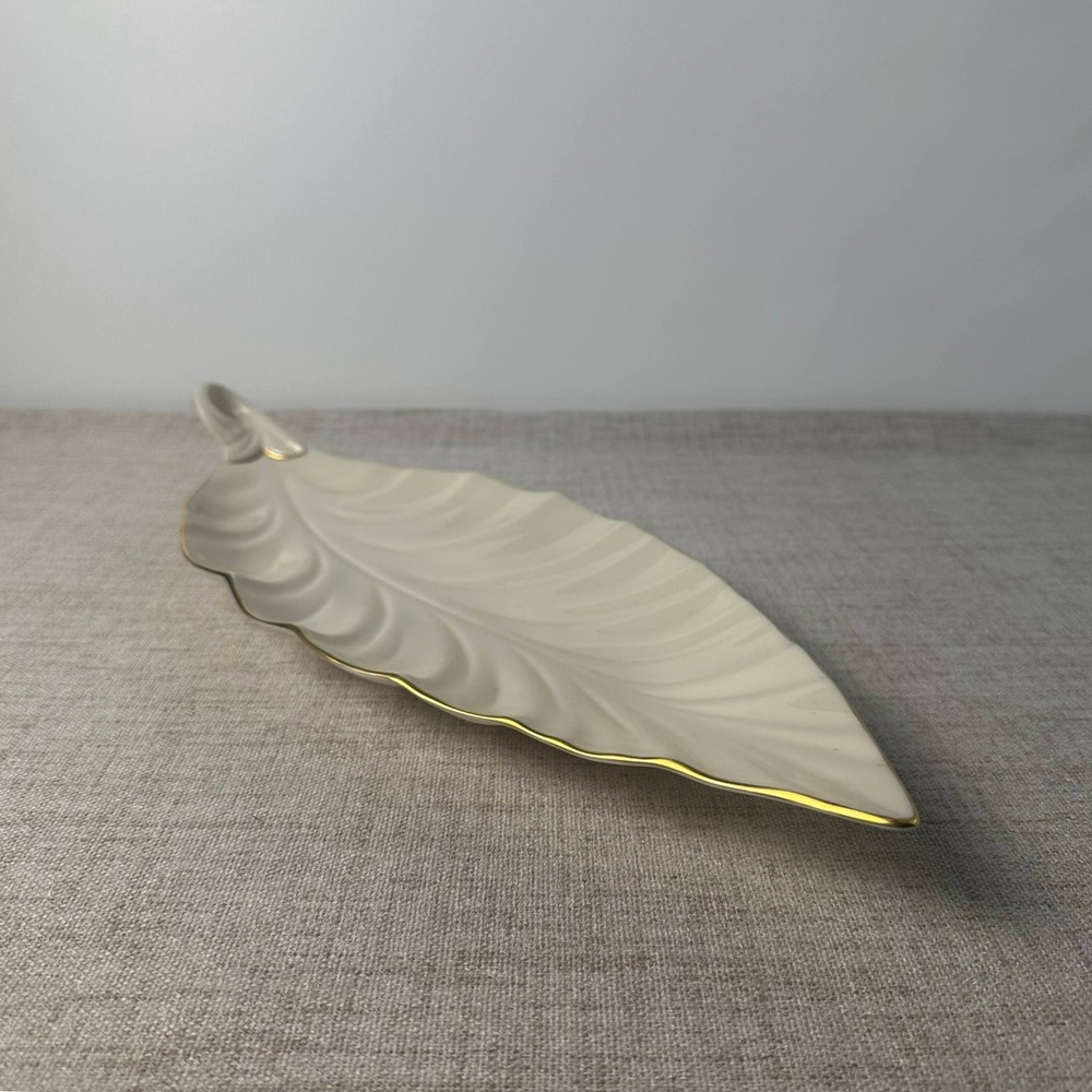 Vintage Lenox Ivory Porcelain Leaf Serving Tray Gold Trim Made in USA